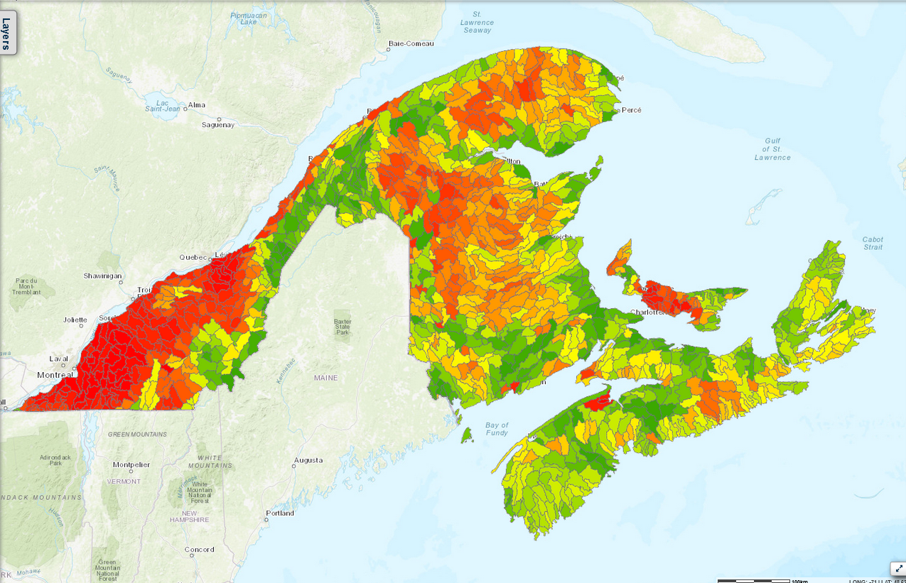 Map of Nature Conservancy of Canada's watershed health for Atlantic Canada.