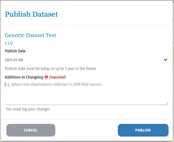 Screenshot of the Publish Dataset page on DataStream.