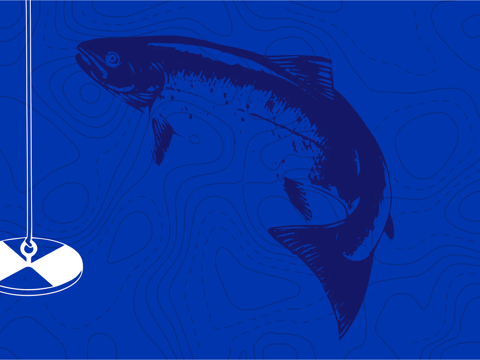 Black graphic of a fish against a blue background