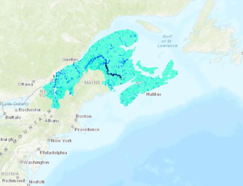 Capture d'écran de la couche de classification des cours d'eau et des rivières de la CCN sur le nord des Appalaches - Région acadienne du Canada