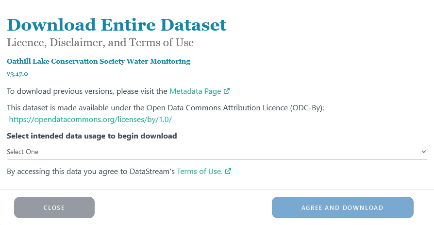 Screenshot of DataStream's Download Entire dataset pop-up window.