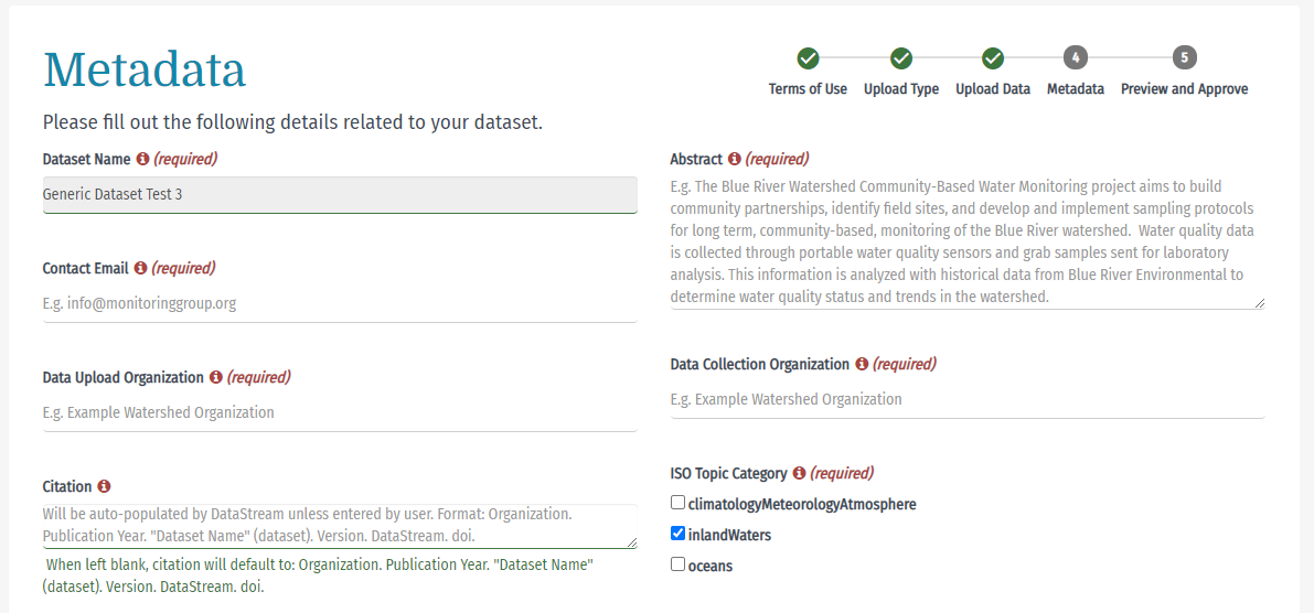 Screenshot of the DataStream metadata page.