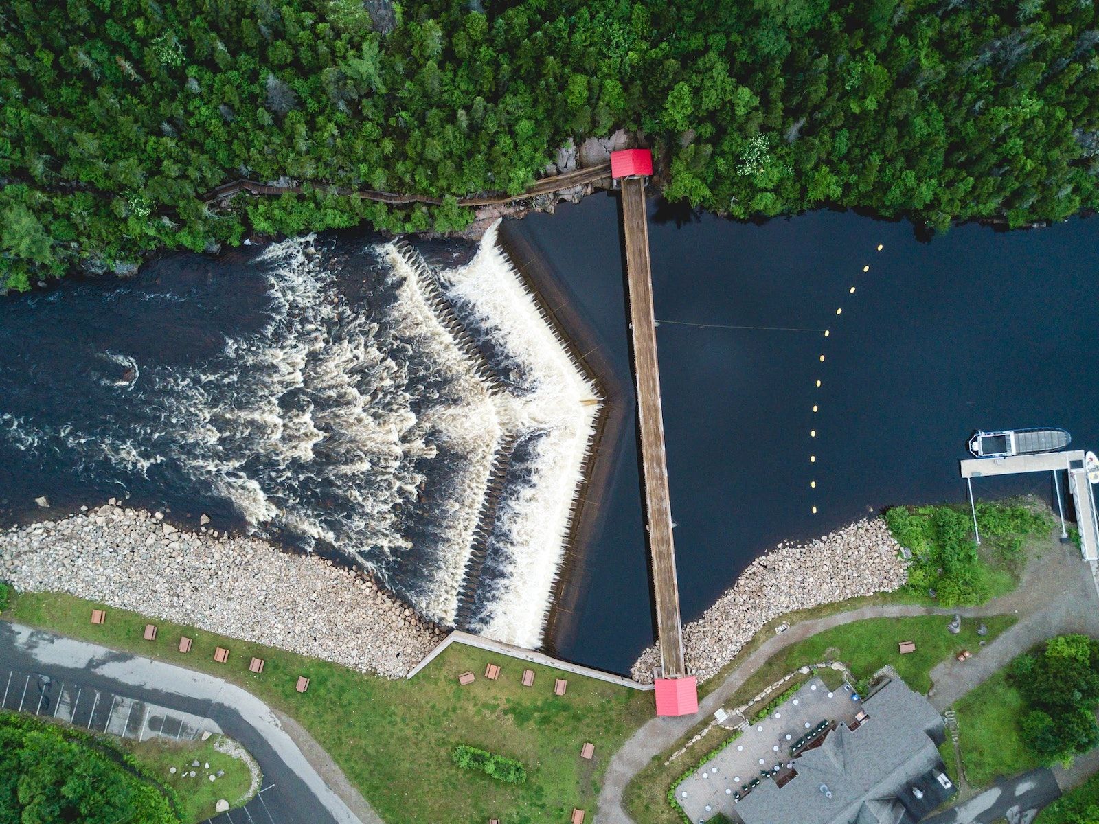 Aerial view of a dam in Atlantic Canada