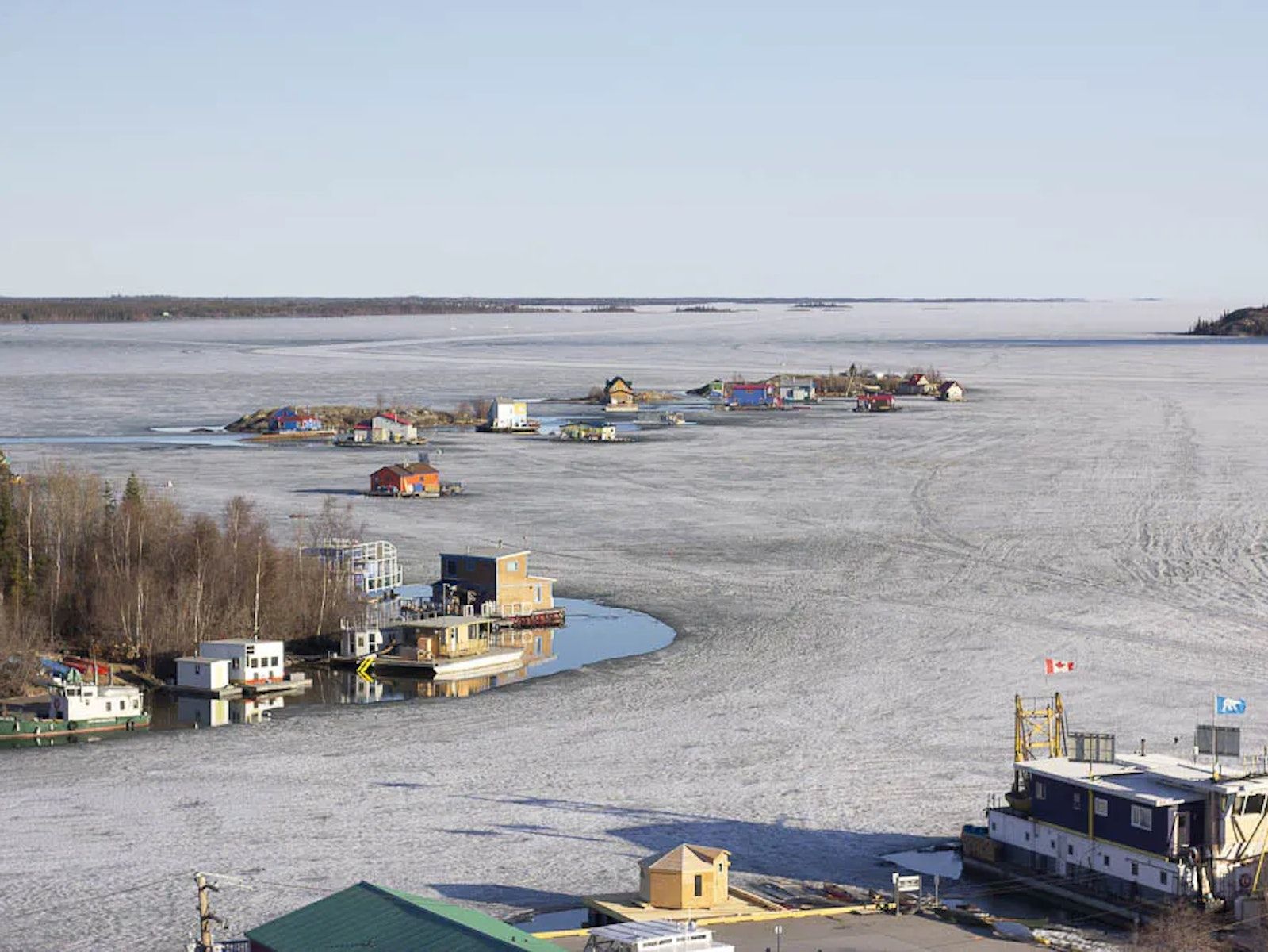 Houseboats frozen in the lake in Yellowknife