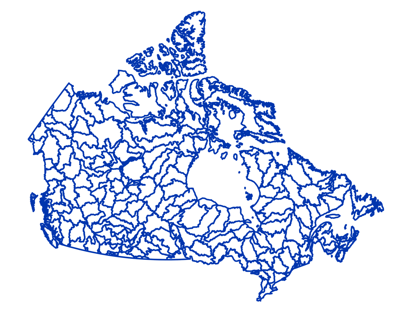 Croquis bleu d'une carte du Canada montrant les contours des bassins versants.