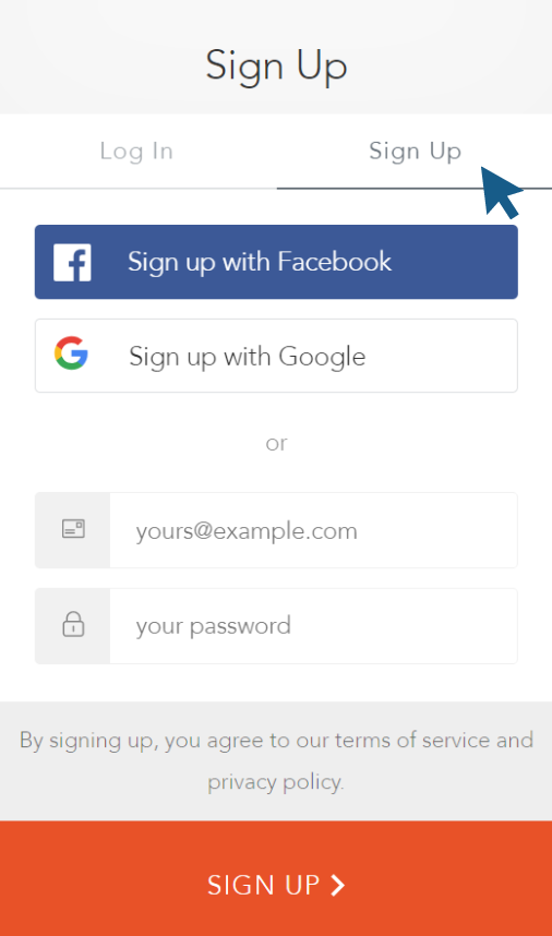 Screenshot of the sign up page.