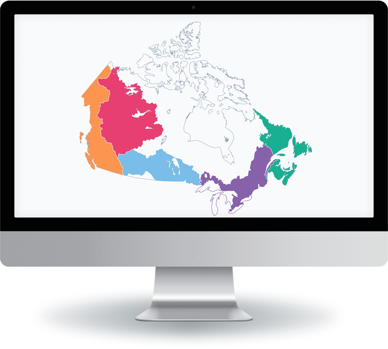 Computer monitoring displaying a map of DataStream's regional hubs located across Canada.