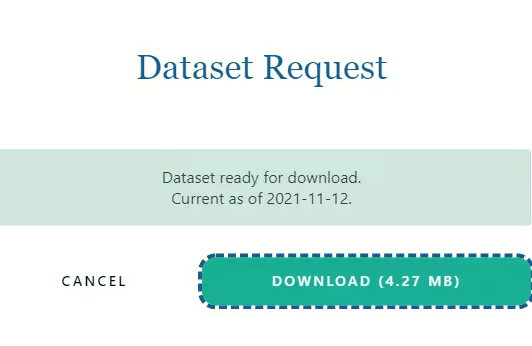 Screenshot of the DataStream dataset request pop-up window with the download button.