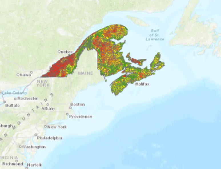 Capture d'écran de la couche d'évaluation de la santé des bassins versants de CNC dans la région nord des Appalaches et acadienne du Canada