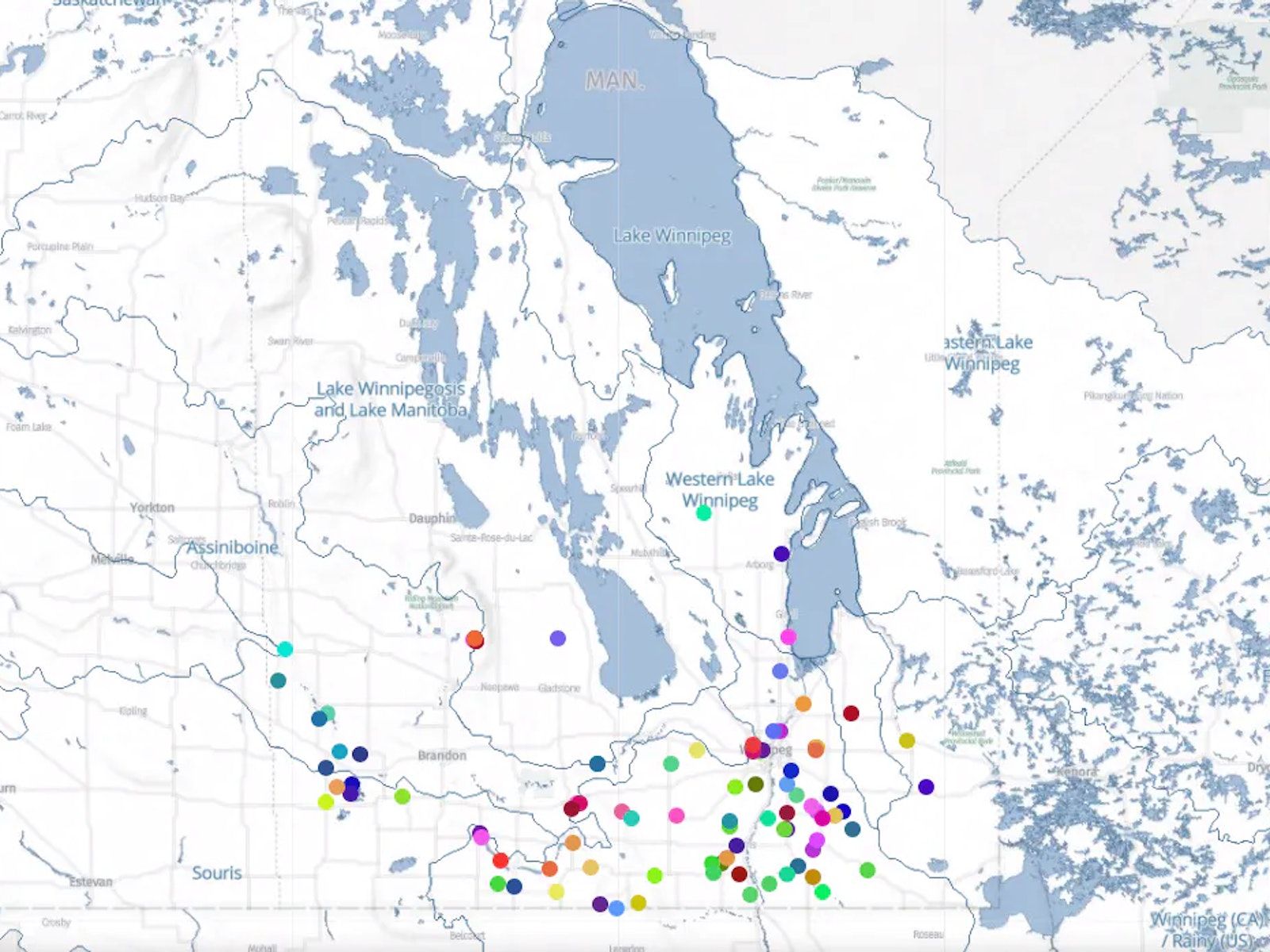 Capture d'écran de Lake Winnipeg DataStream avec divers sites de surveillance