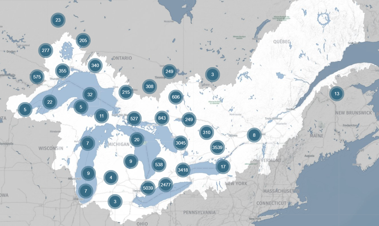 Map of data points available for Great Lakes DataStream