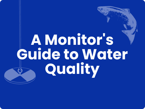 A monitor's guide to water quality in white bolded text is displayed on top of a dark blue background.