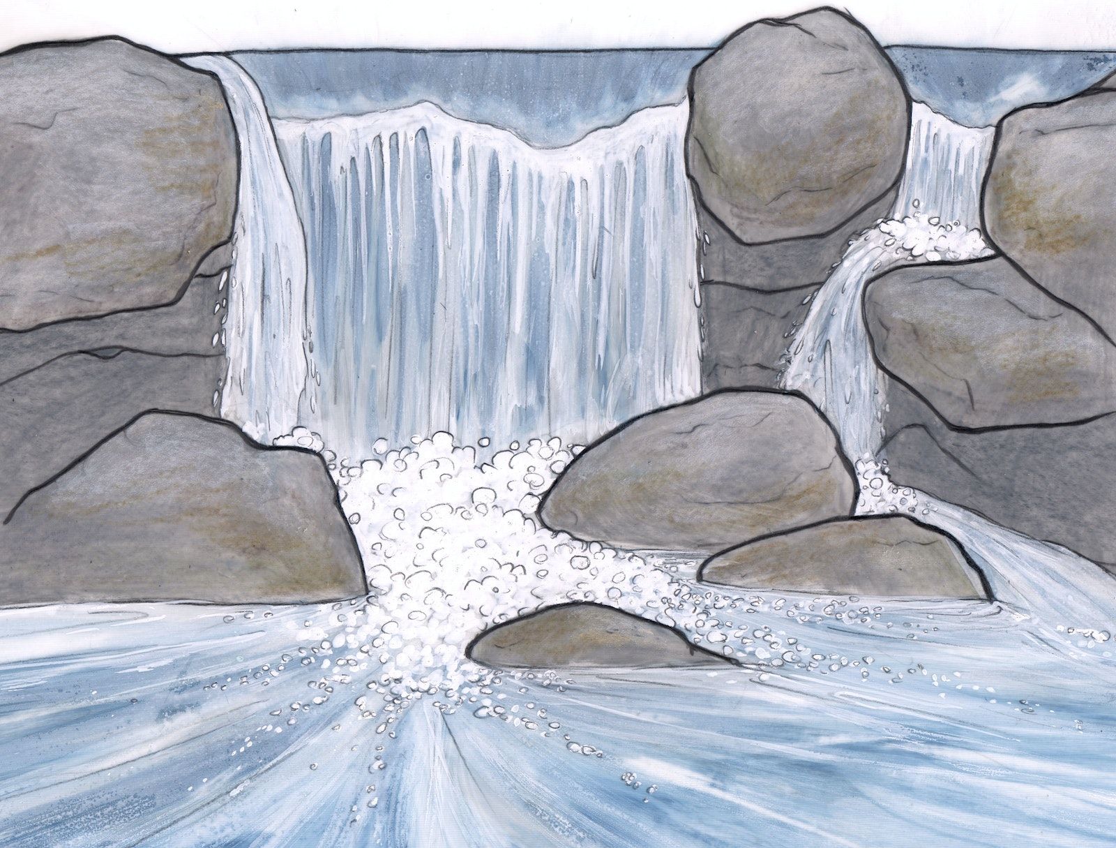 Hand drawn image of a waterfall passing over rocks into a river.