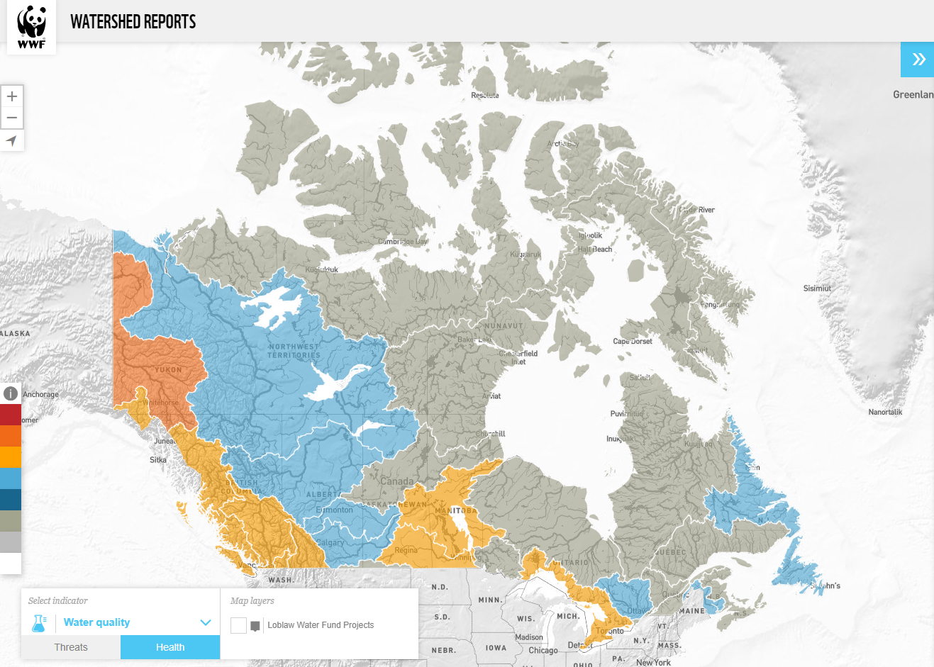 Une carte de la qualité de l'eau au Canada tirée des rapports sur les bassins versants du WWF-Canada.