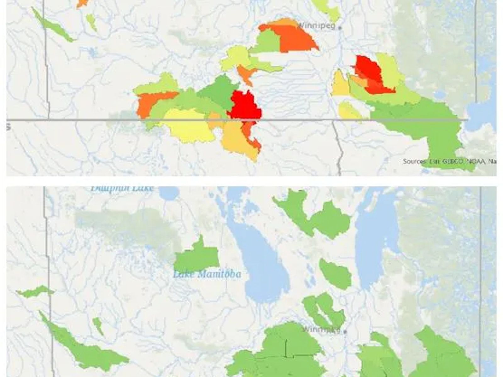Two phosphorus export maps covering Lake Winnipeg Basin