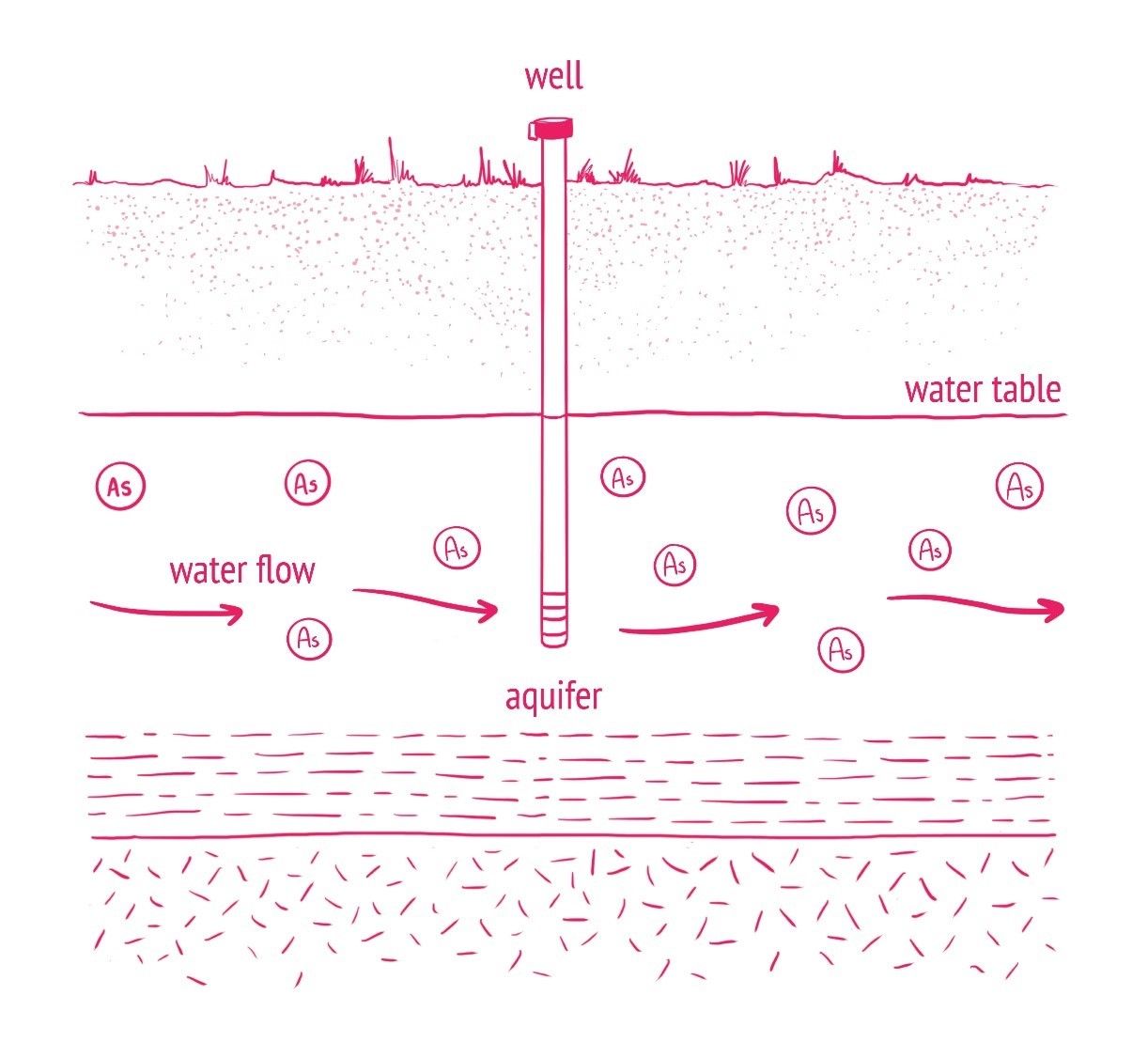 Diagram of water flowing beneath an aquifer.