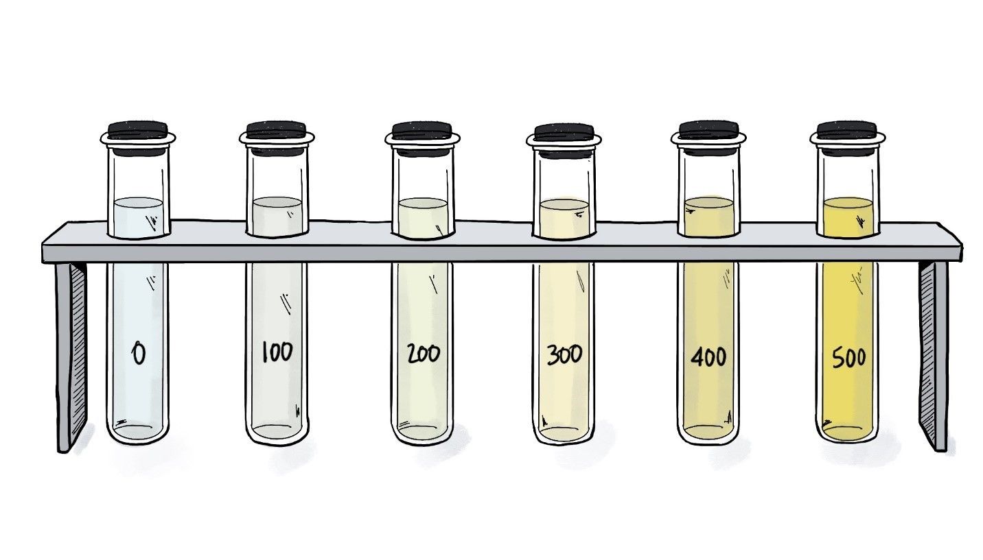 Six test tubes containing different colour water.