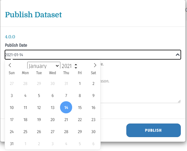 Screenshot of the Publish Dataset page's publish date dropdown.