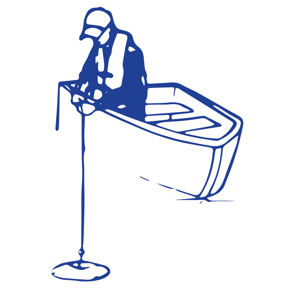 Blue sketch of man measuring water quality in a boat with a Secchi disk attached to a string entering into the water.
