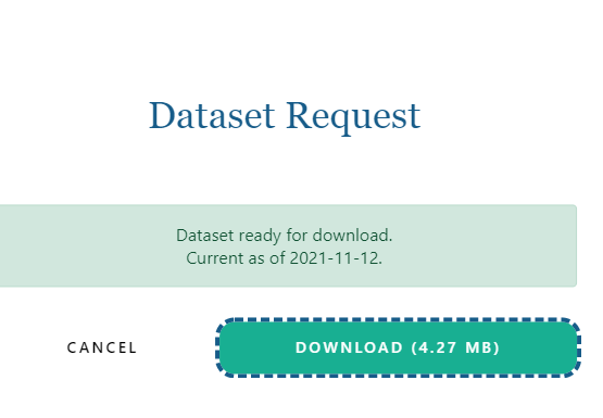Dataset Request pop-up window with download link