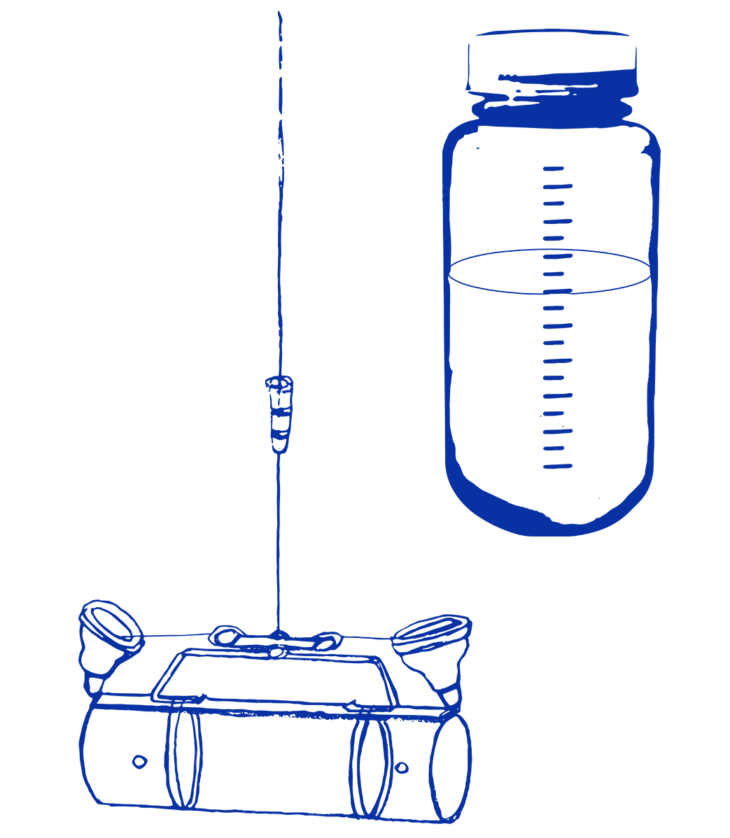Blue sketches of a depth sampling device and a grab sample bottle.