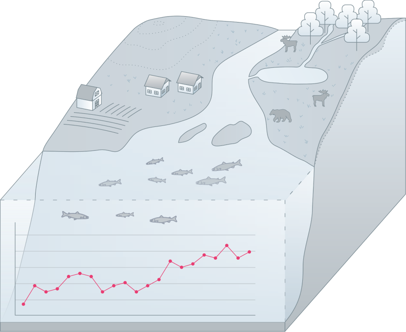 Watershed cross-section illustration. Includes farm landscape, water body, wildlife and line graph displaying increasing trends.