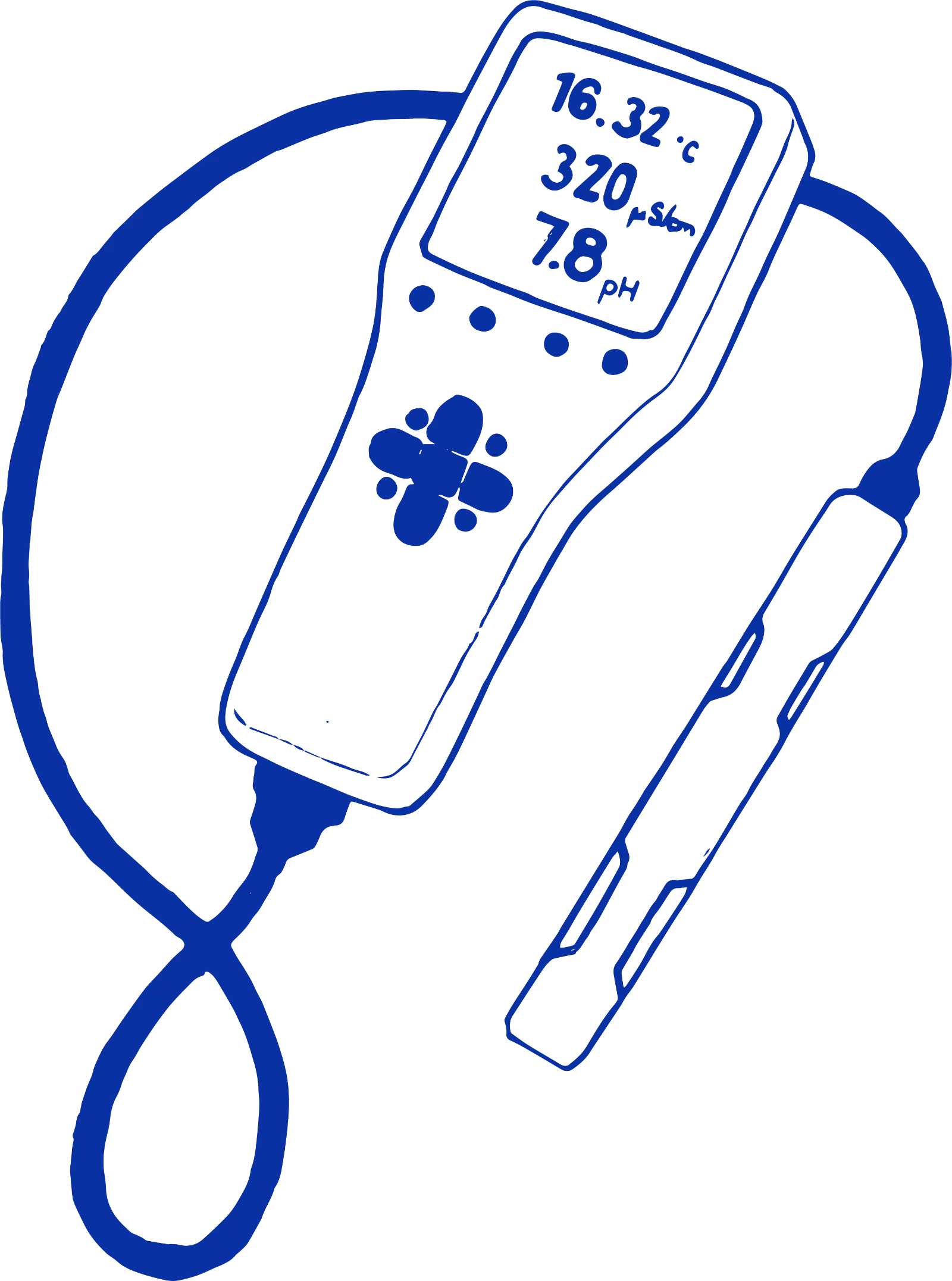 A blue sketch of a handheld device with sonde.