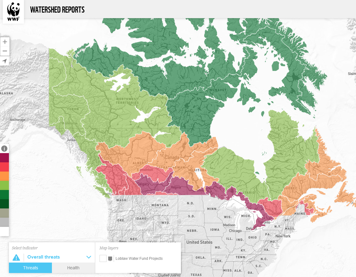 Une carte de la santé globale des bassins versants du Canada tirée des rapports sur les bassins versants du WWF-Canada.