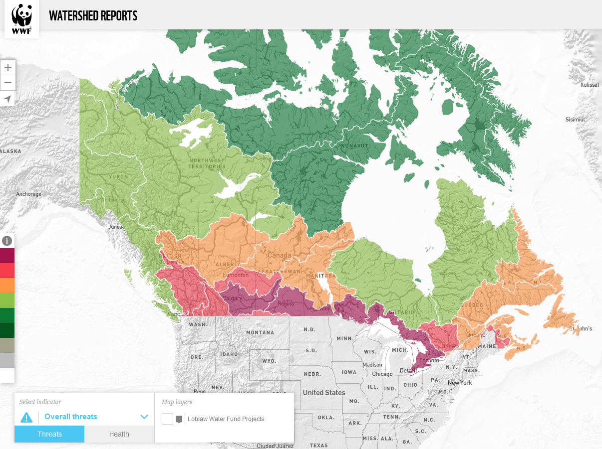 A map of Canada's overall watershed health from WWF-Canada's Watershed reports.