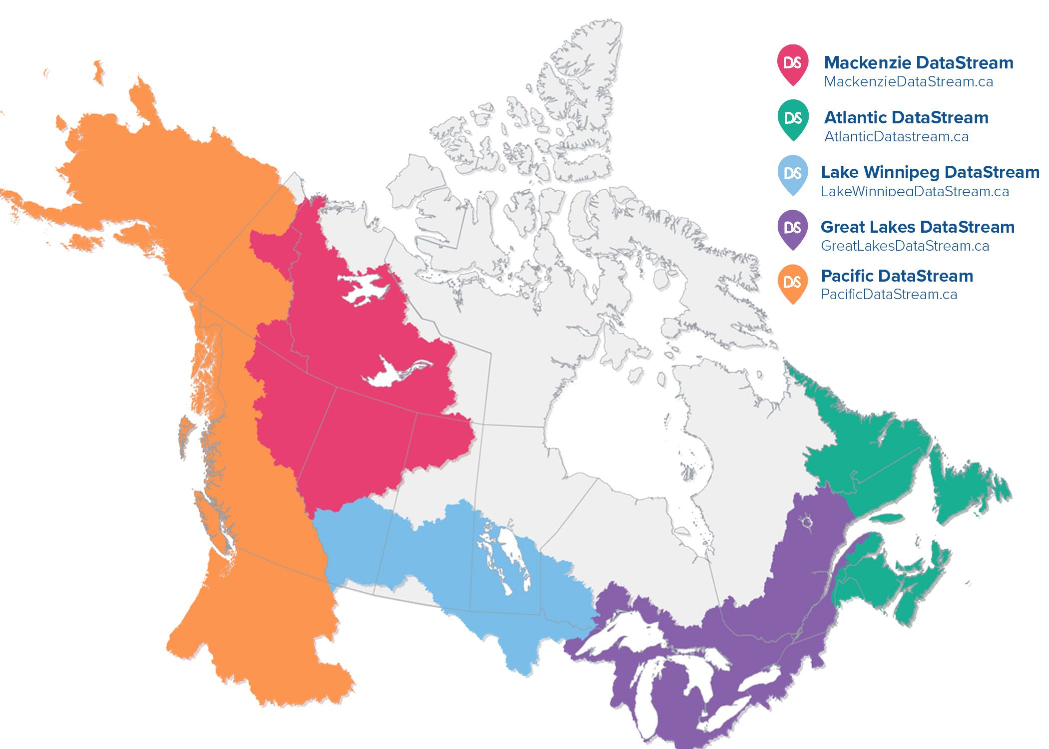 Map of Canada with five regional hubs of DataStream highlighted in different colours